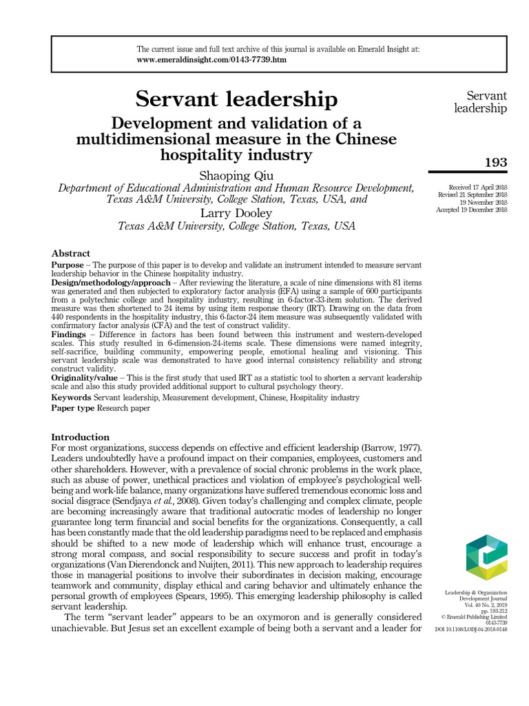 Servant Leadership Pdf Pdf Servant Leadership Factor Analysis