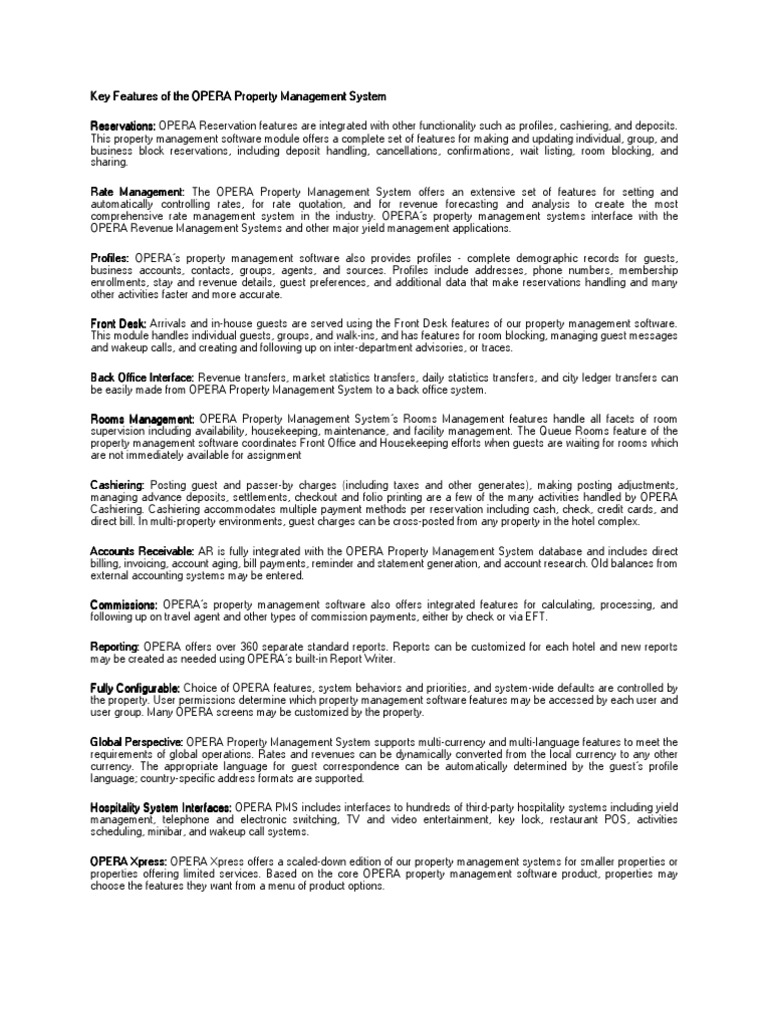 OPERA Property Management System Features | PDF | Point Of Sale | Computing