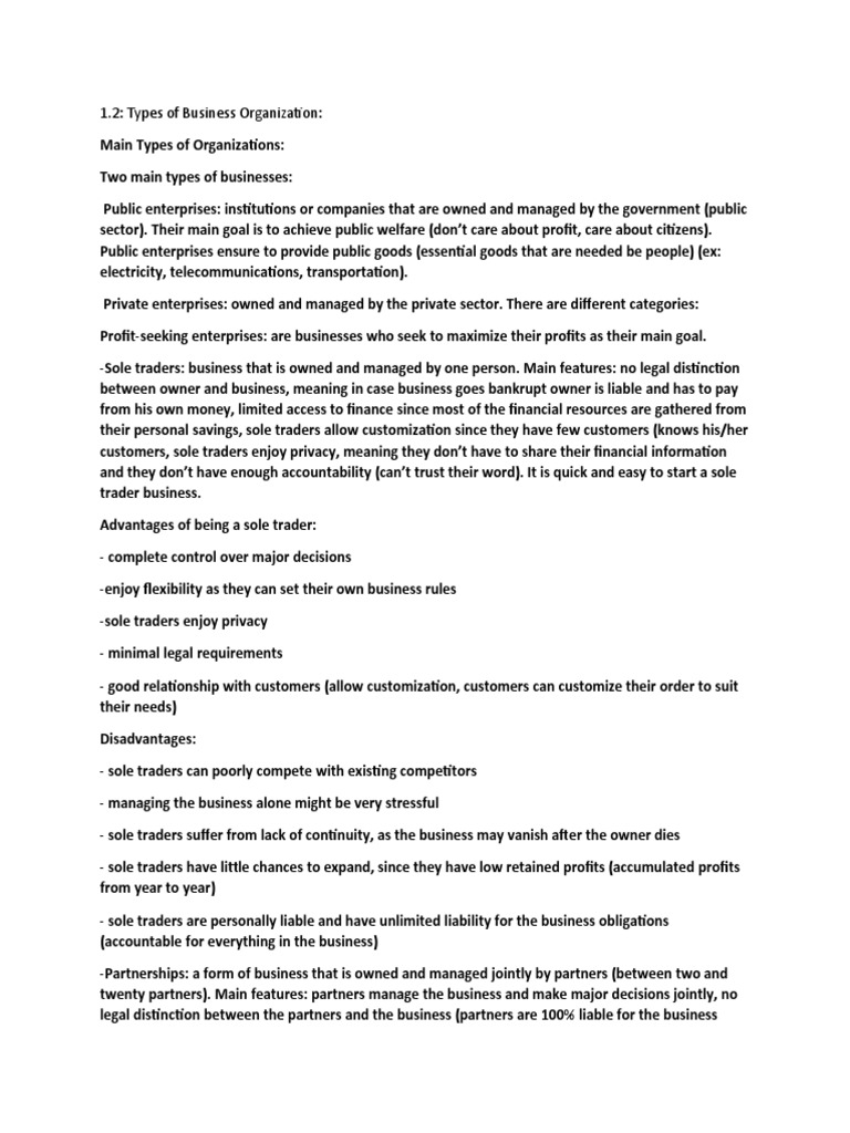 IB Business Management Section 1.2 Notes PDF Partnership Public