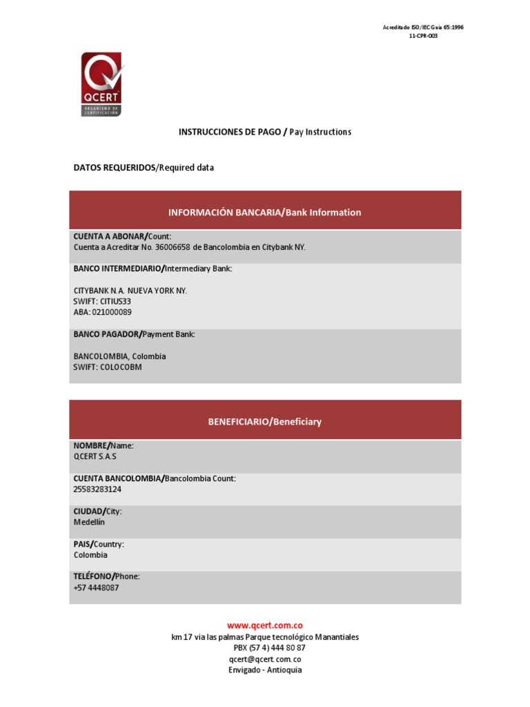 Instrucciones de Pago QCERT S.A.S | PDF