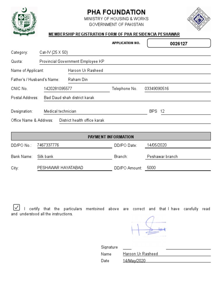 PHA Residencia Peshawar Registration Form | PDF