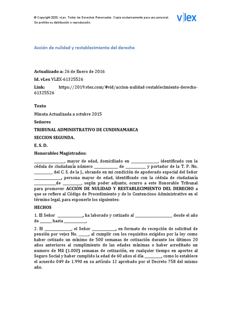 Acción de Nulidad y Restablecimiento Del Derecho | PDF | Derechos de autor  | Seguridad Social