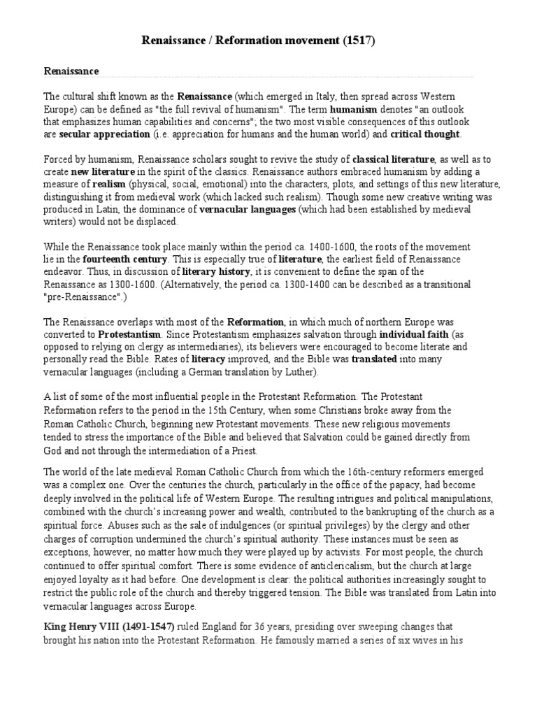 Renaissance and Reformation Overview | PDF | Protestantism | Renaissance