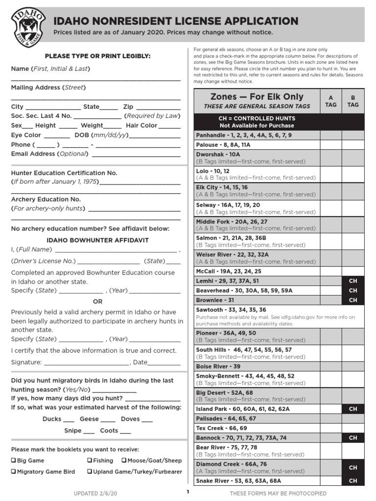 Idaho Nonresident License Application Zones For Elk Only PDF