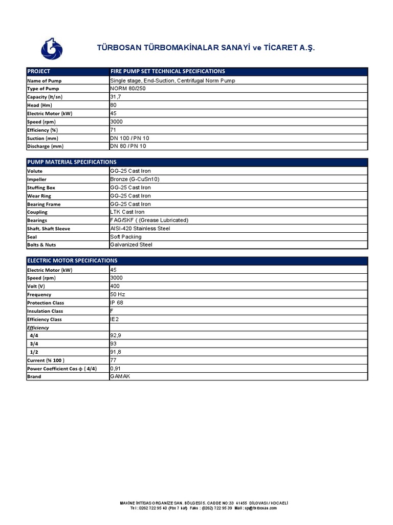 Fire Pump Technical Specifications | PDF