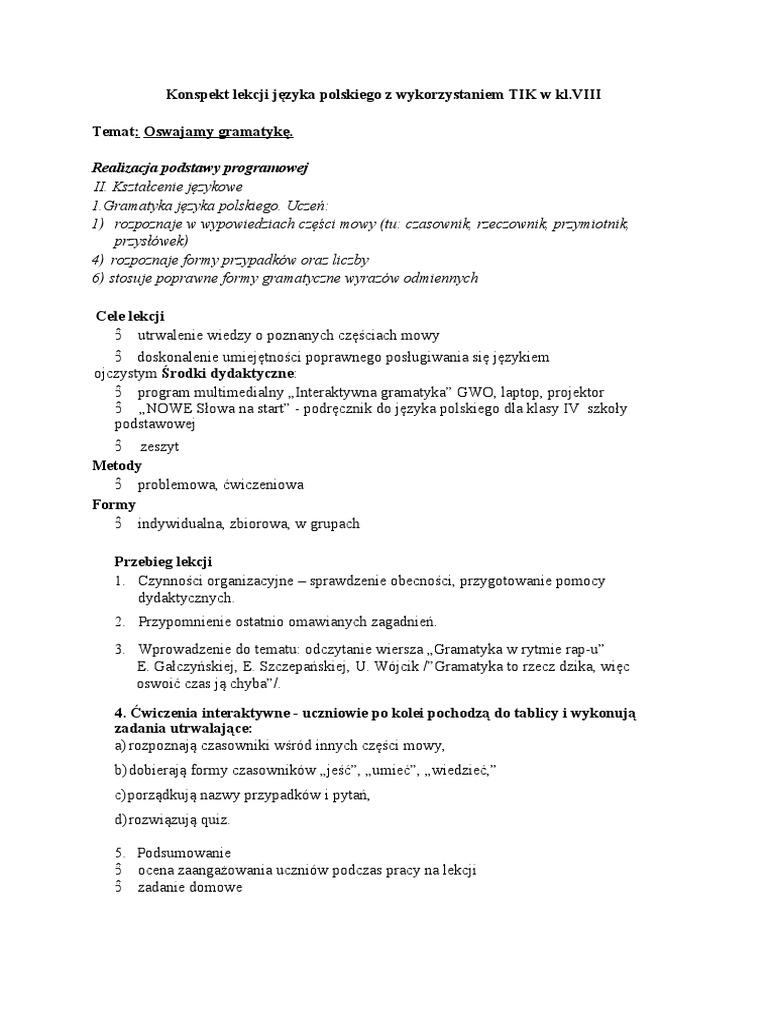 Konspekt Lekcji Z Języka Niemieckiego Konspekt Lekcji Z J Polskiego W KL VIII | PDF