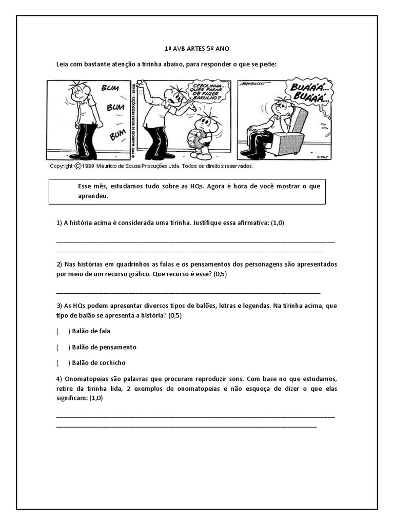 1 Avb Artes 5º Ano | PDF | Quadrinhos | Desenho