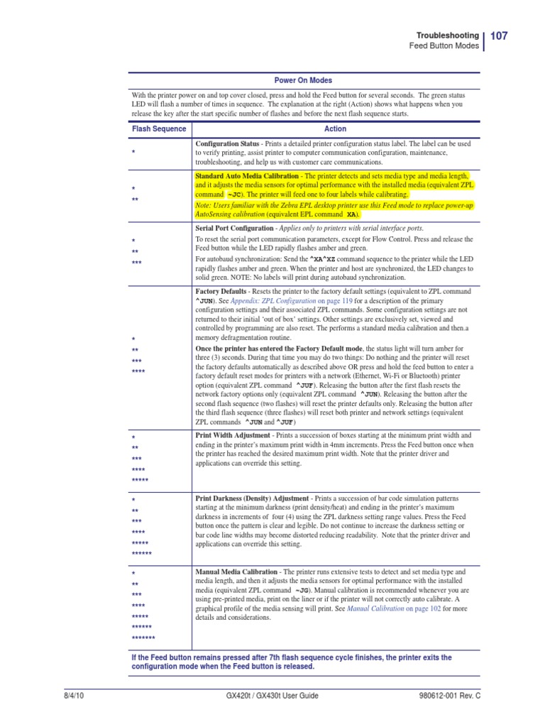 Power On Modes Autosensing Calibration (Equivalent Epl Command Xa) PDF Printer