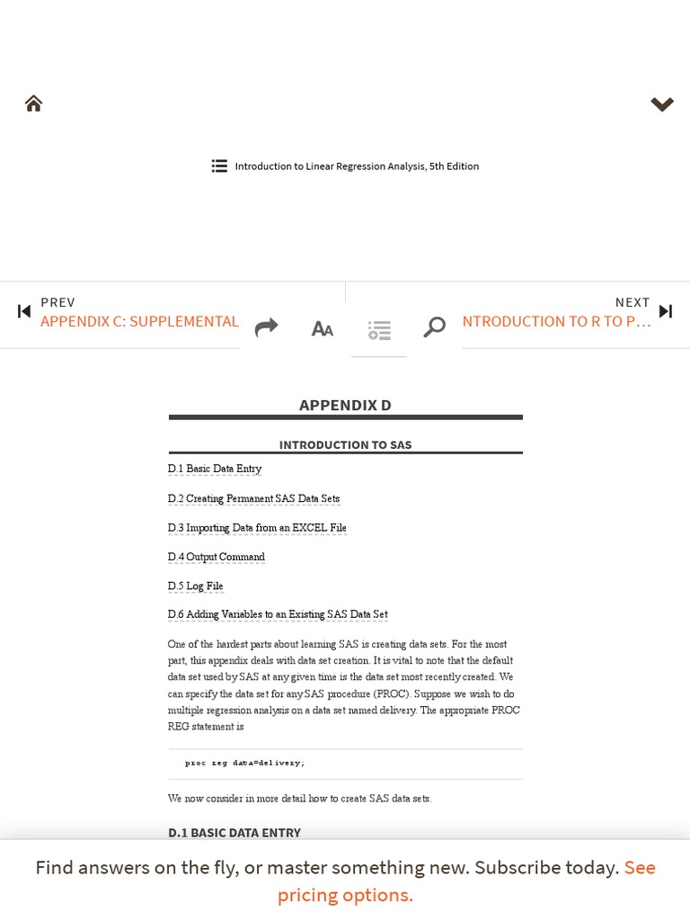 APPENDIX D - INTRODUCTION TO SAS - Introduction To Linear Regression ...