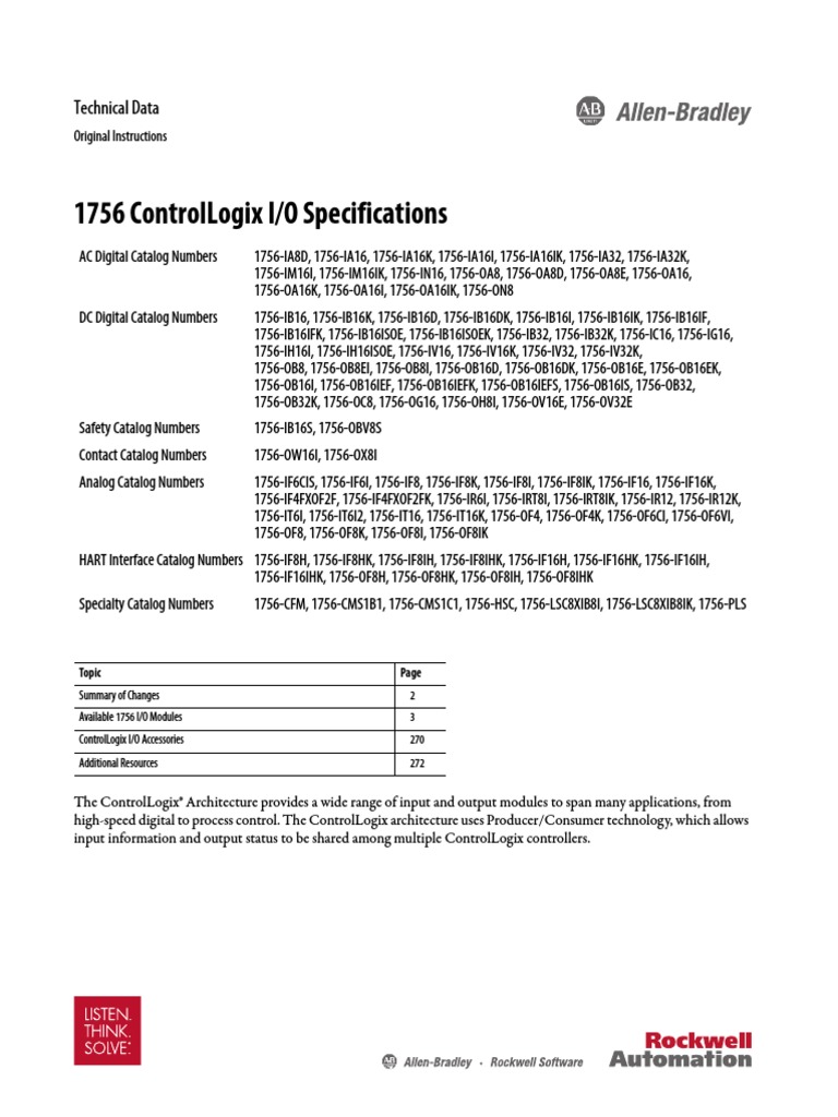 1756 Controllogix I/O Specifications Technical Data PDF