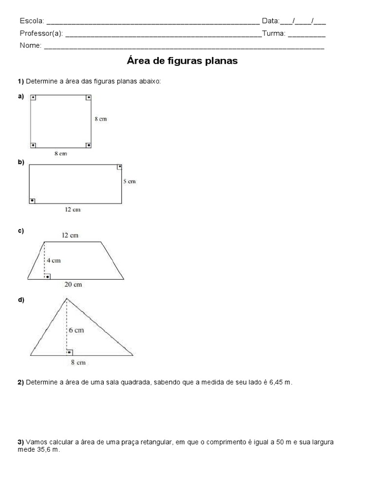 Exercícios 6 º ano-Matemática-Área de Figuras Planas | PDF | Natureza ...