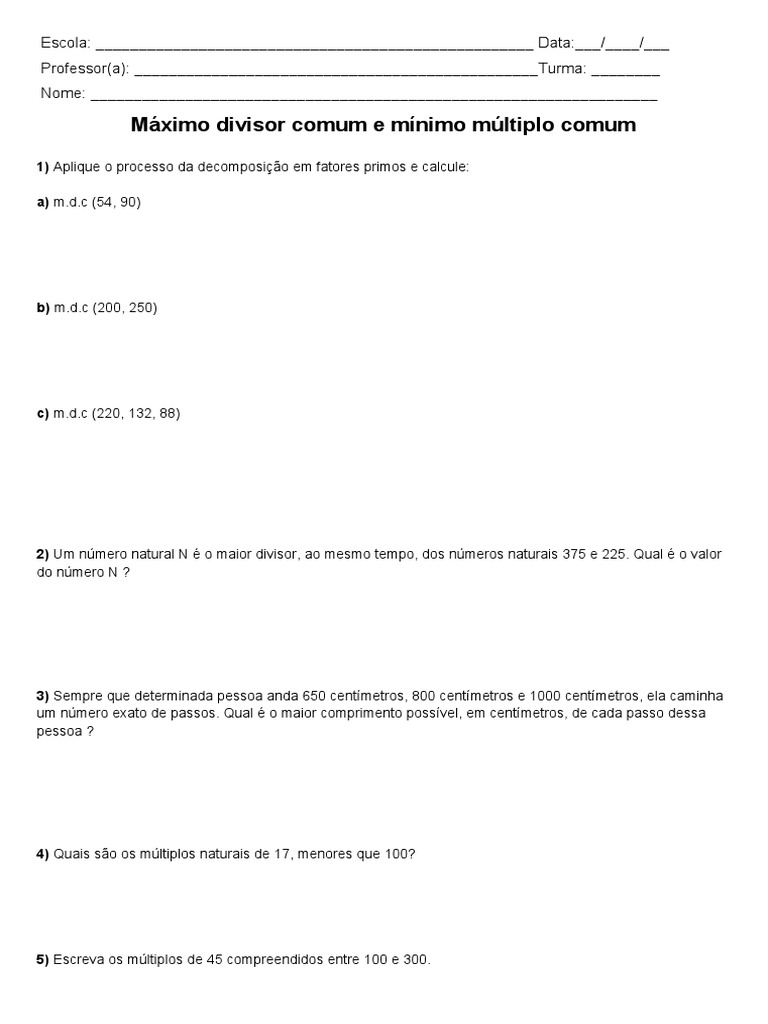 Exercícios 6 º ano-Matemática-Máximo Divisor e Mínimo Múltiplo Comum ...