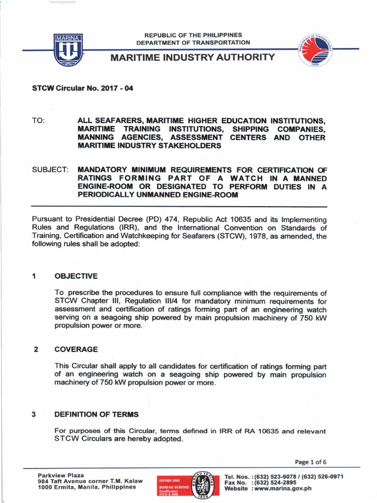STCW Circular on Engineering Watch Certification | PDF | Transport ...