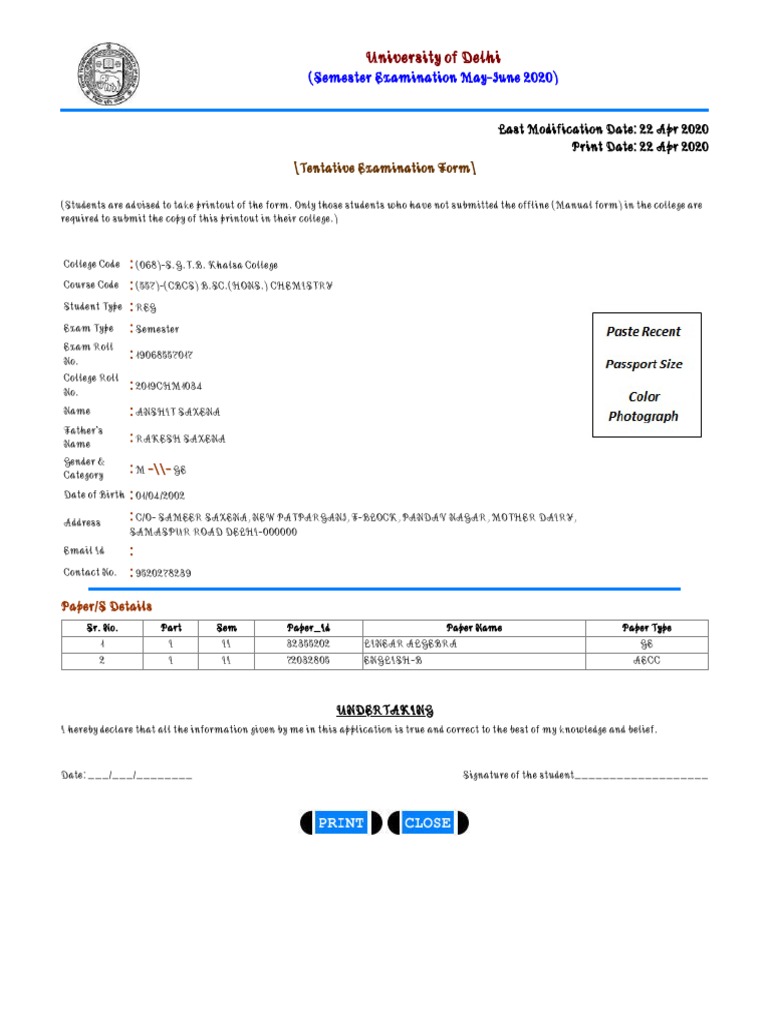 Examination Form 2020 PDF | PDF