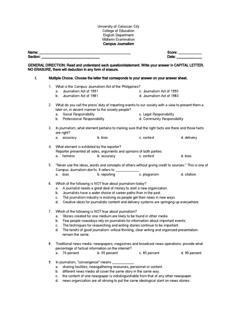 Midterm Exam in Campus Journalism | PDF | Journalism | News