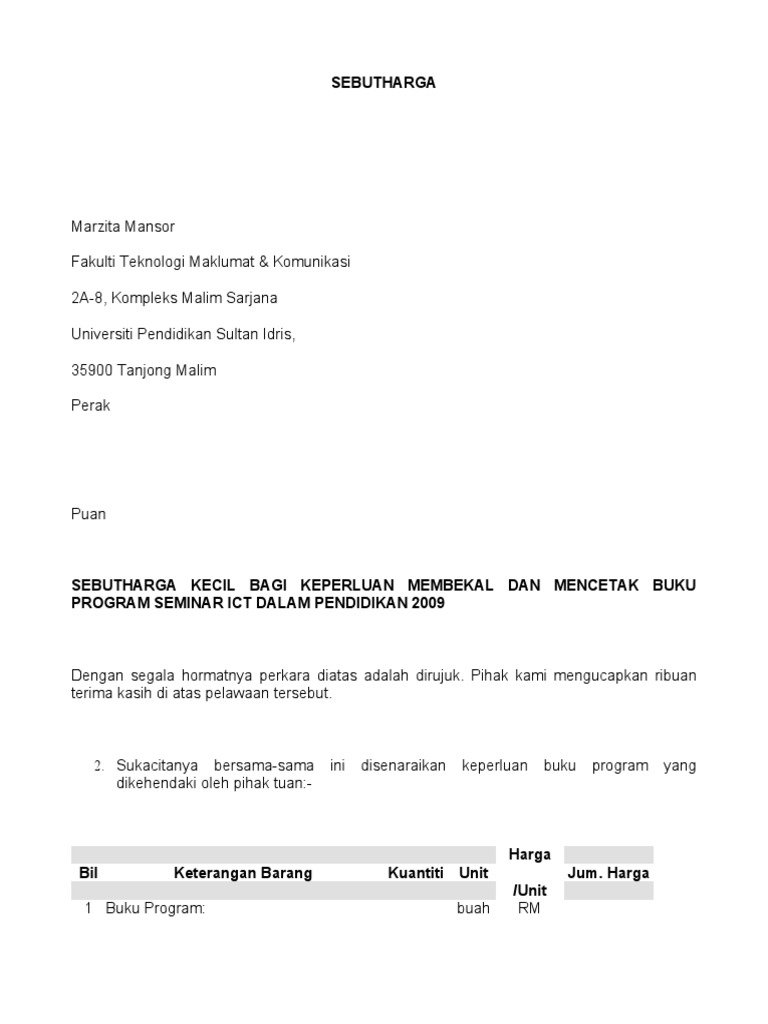 Surat Rasmi Mohon Sebut Harga - Surat Rasmi Ra