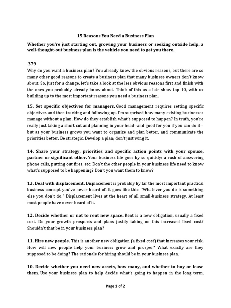 15 Reasons You Need A Business Plan | PDF | Valuation (Finance) | Investor