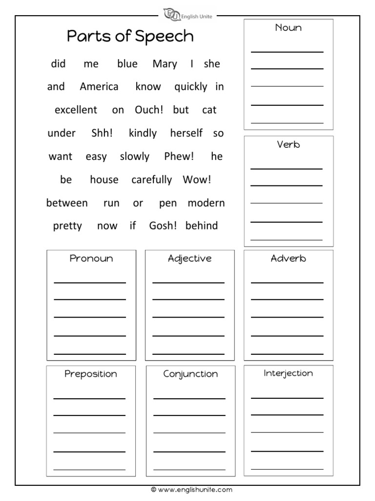 Parts of Speech Worksheet  PDF With Regard To Parts Of Speech Worksheet Pdf