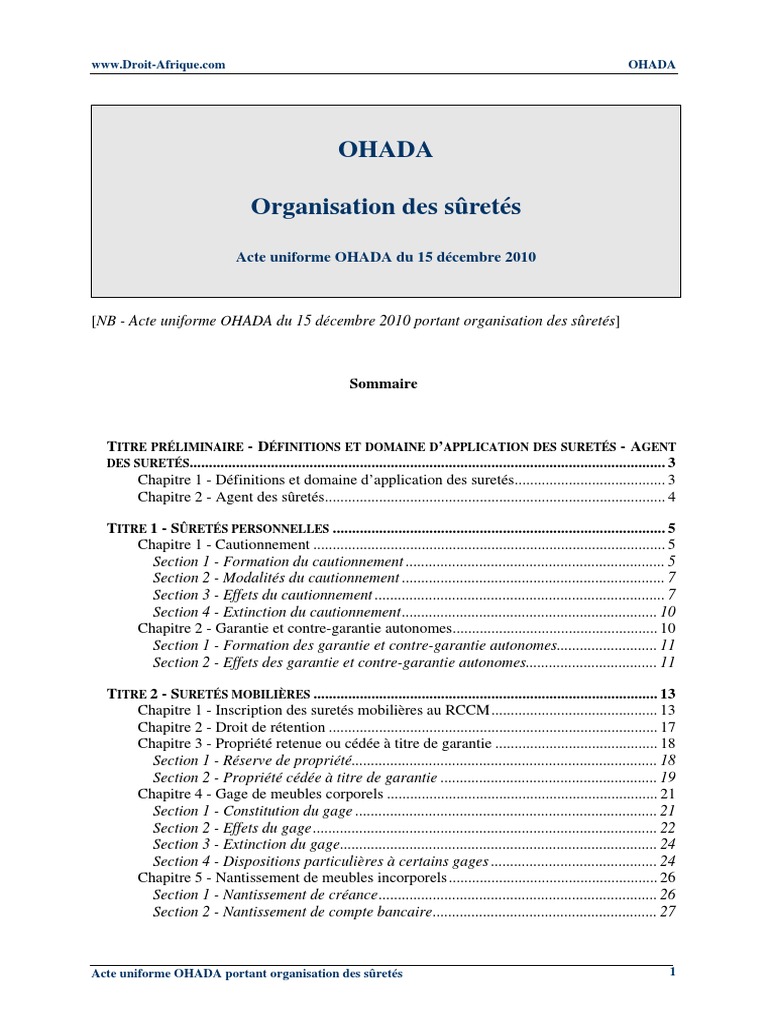 Le Nouvel Acte Uniforme Portant Organisation Des Suretes Ohada Acte Uniforme 2010 Suretes PDF | PDF | Cautionnement | Débiteur