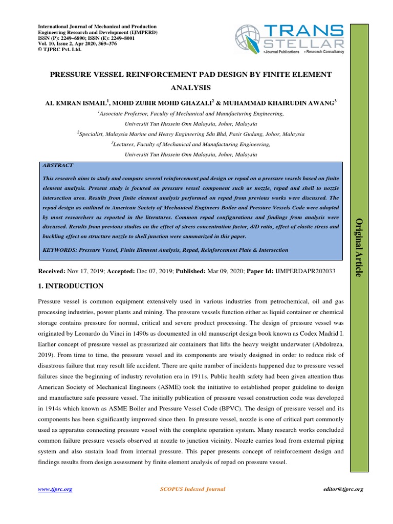 Pressure Vessel Reinforcement Pad Design by Finite Element Analysis ...