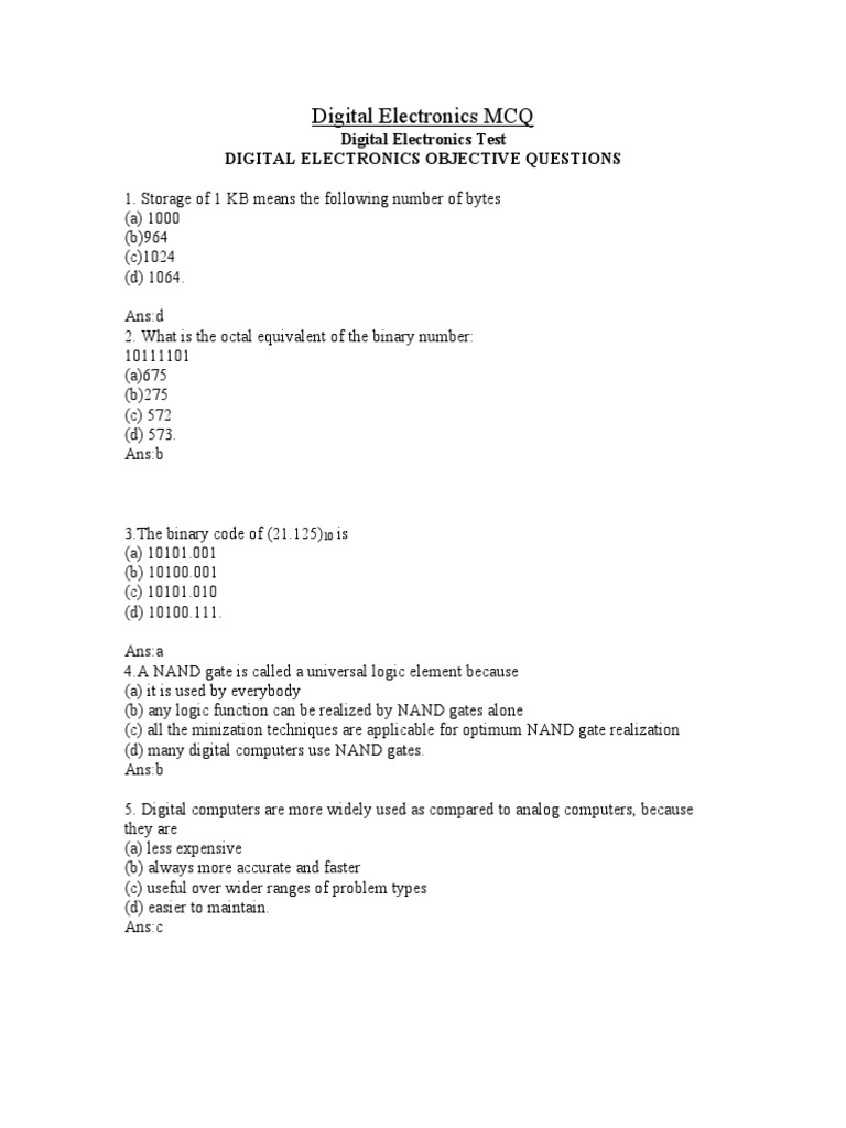 Digital Electronics MCQ PDF Logic Gate Random Access Memory