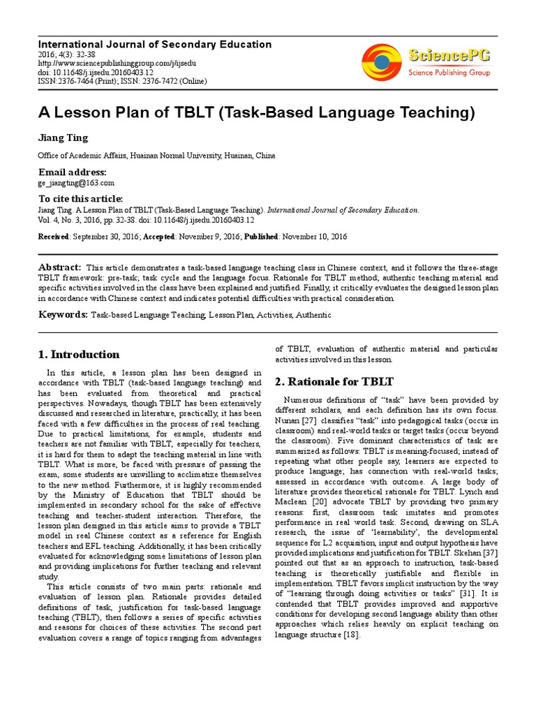 A Lesson Plan Of Tblt Task Based Language Teaching Jiang Ting Learning Second Language