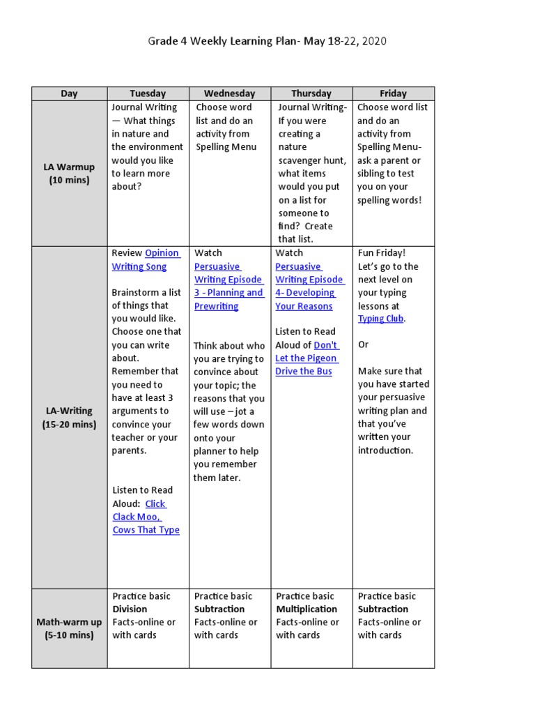 Grade 4 Weekly Learning Plan-May 18-22, 2020: Day Tuesday Wednesday ...