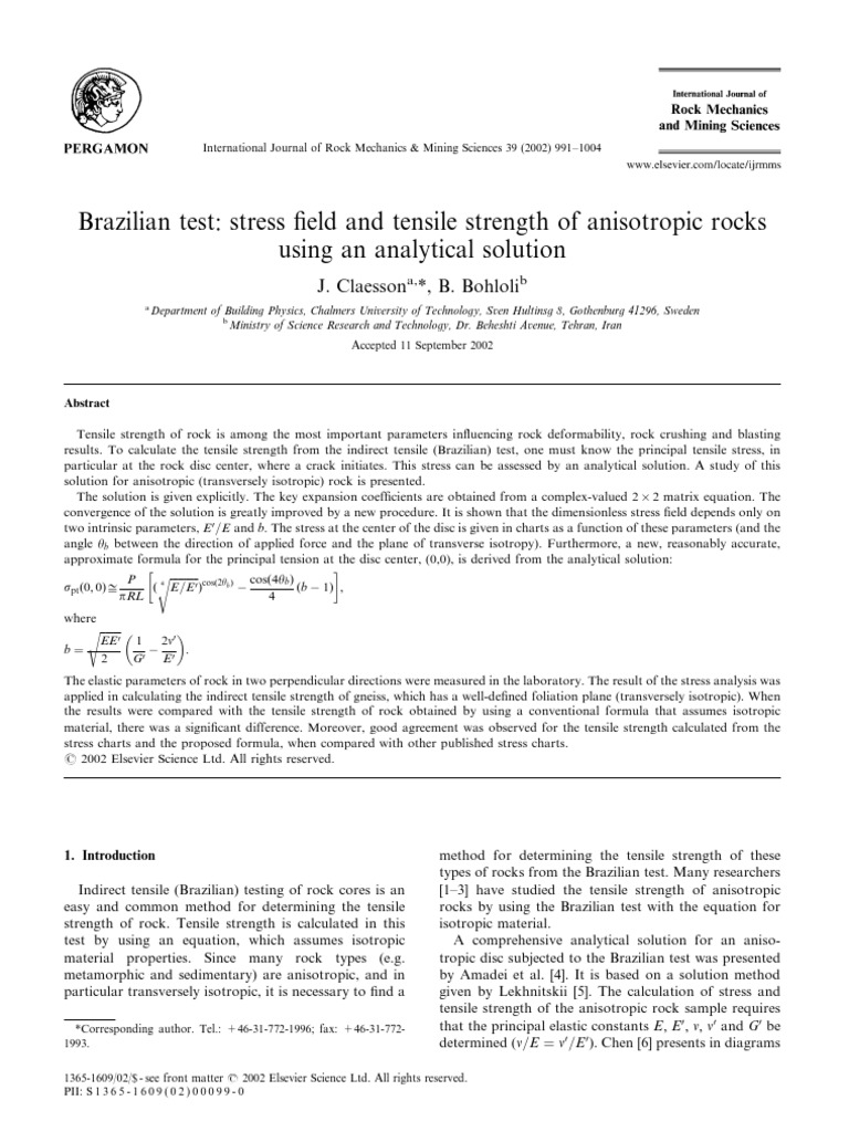 Brazilian Test Stress Field and Tensile Strength of Anisotropic Rocks ...