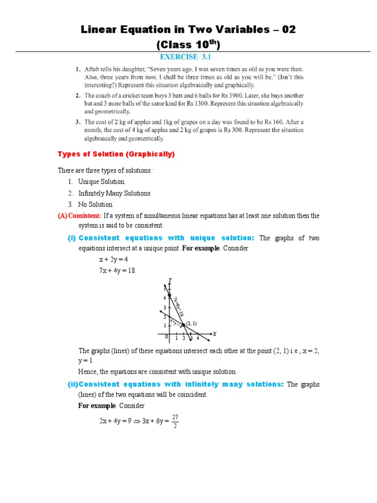 Types of Solutions in Linear Equations | PDF | Equations | System Of ...