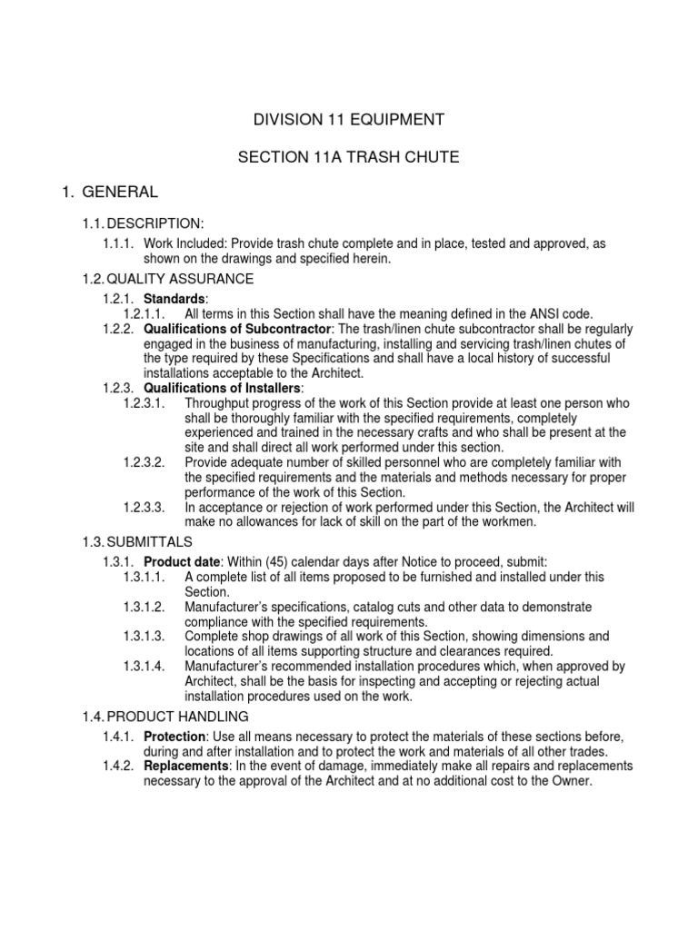 Division 11 Equipment Section 11A Trash Chute 1. General 1.1. Description PDF Economic