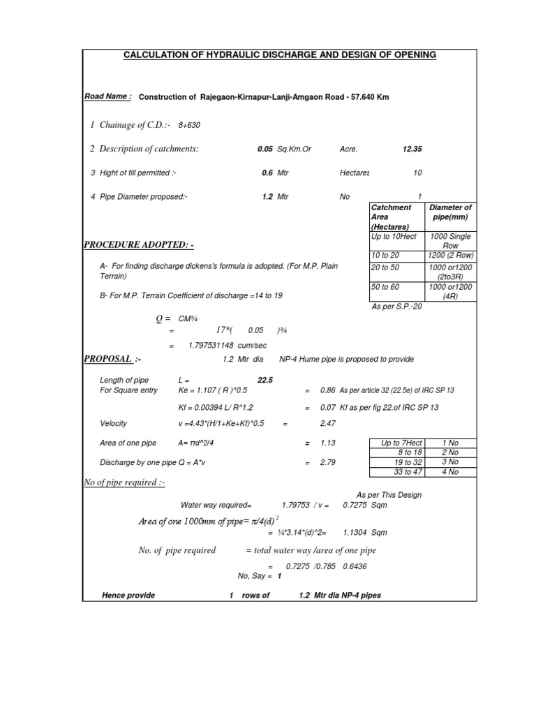 Hume Pipe Design and Discharge Calculations | PDF | Area | Geometric ...