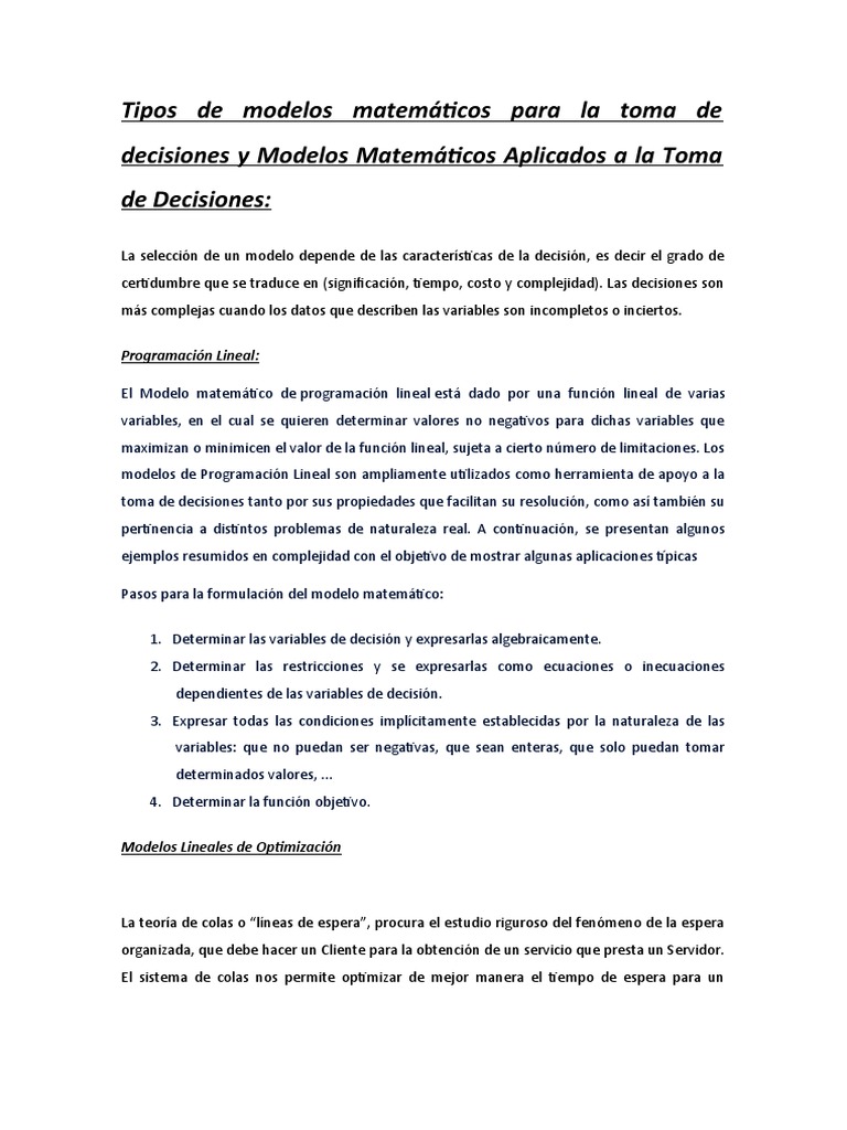 Tipos de Modelos Matemáticos para La Toma de Decisiones y Modelos ...