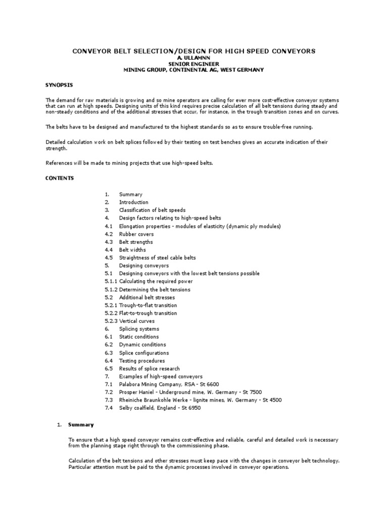 Conveyor Belt Selection/Design For High Speed Conveyors PDF Belt