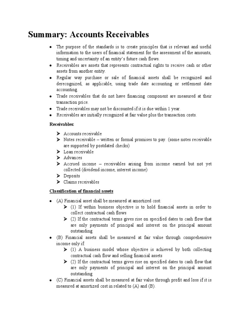 Summary Accounts Receivables PDF Historical Cost Fair Value