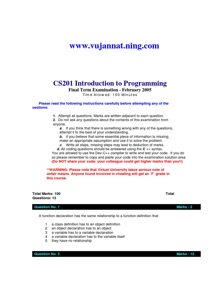 CS201 Collection of Old PApers | PDF | Class (Computer Programming ...