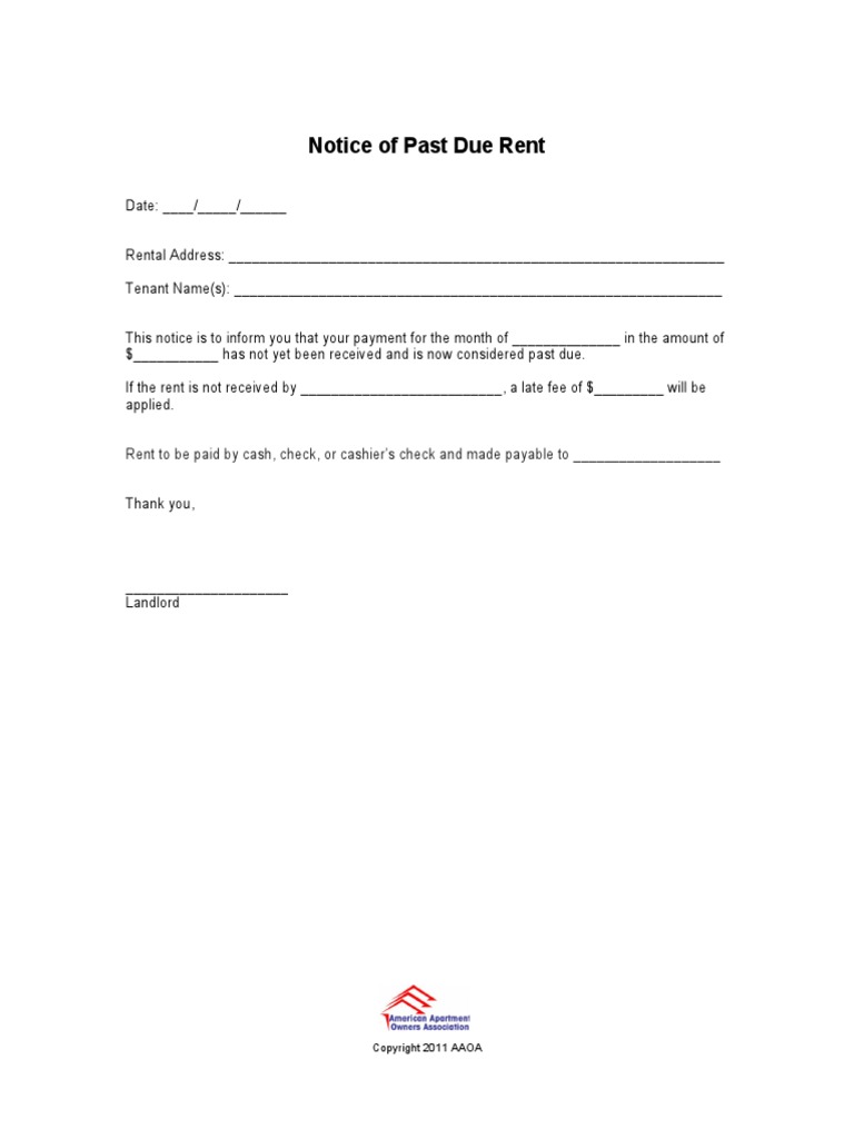 Notice of Past Due Rent Rent To Be Paid by Cash, Check, or Cashier's