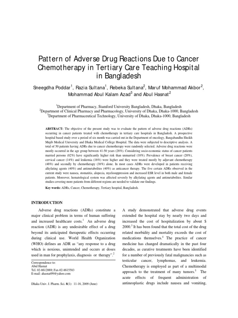 Pattern of Adverse Drug Reactions Due To Cancer CH | PDF | Chemotherapy ...