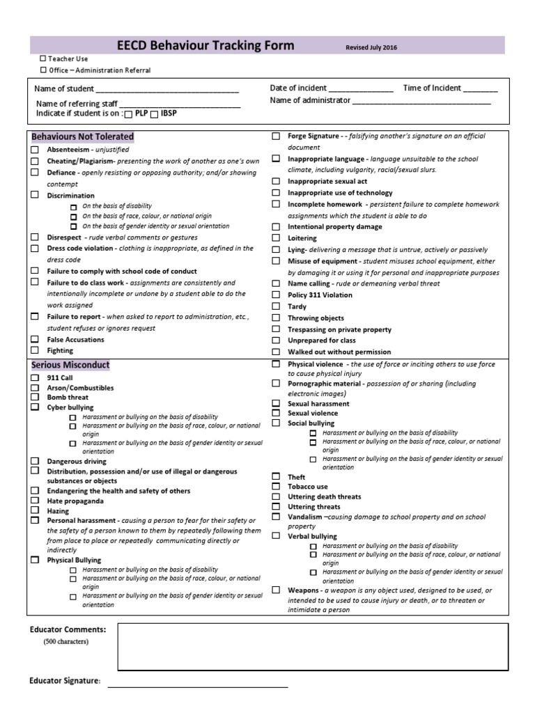EECD Behavior Tracking Form | PDF | Bullying | Harassment