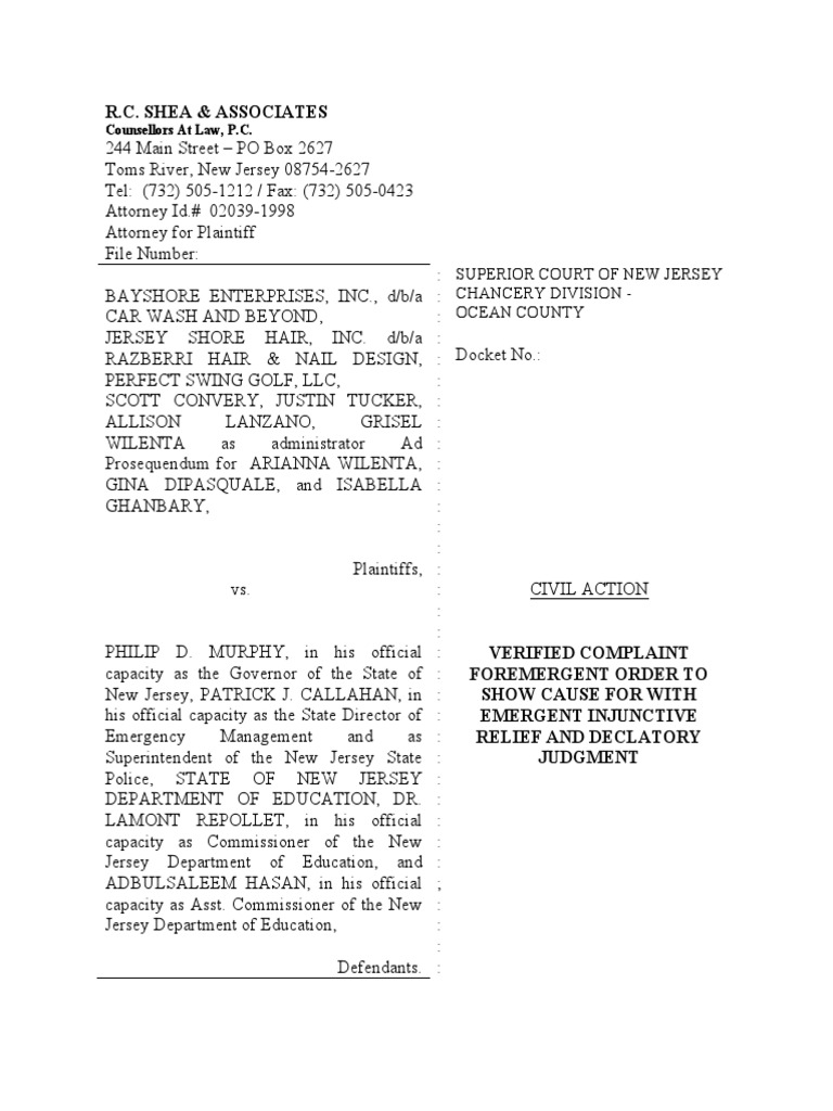 Lawsuit by Toms River Students, Businesses, Against Gov. Phil Murphy's  Coronavirus Executive Orders | PDF | Executive Order | United States Bill  Of Rights