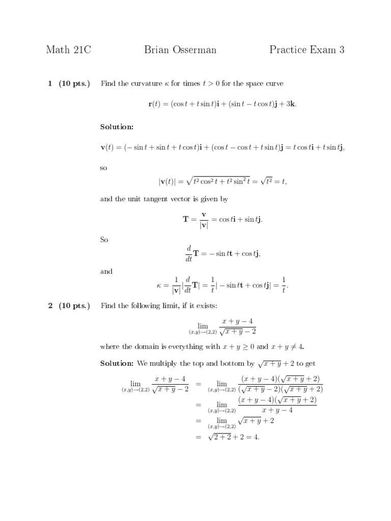 Math 21C Practice Exam 3 Solutions | PDF | Maxima And Minima ...