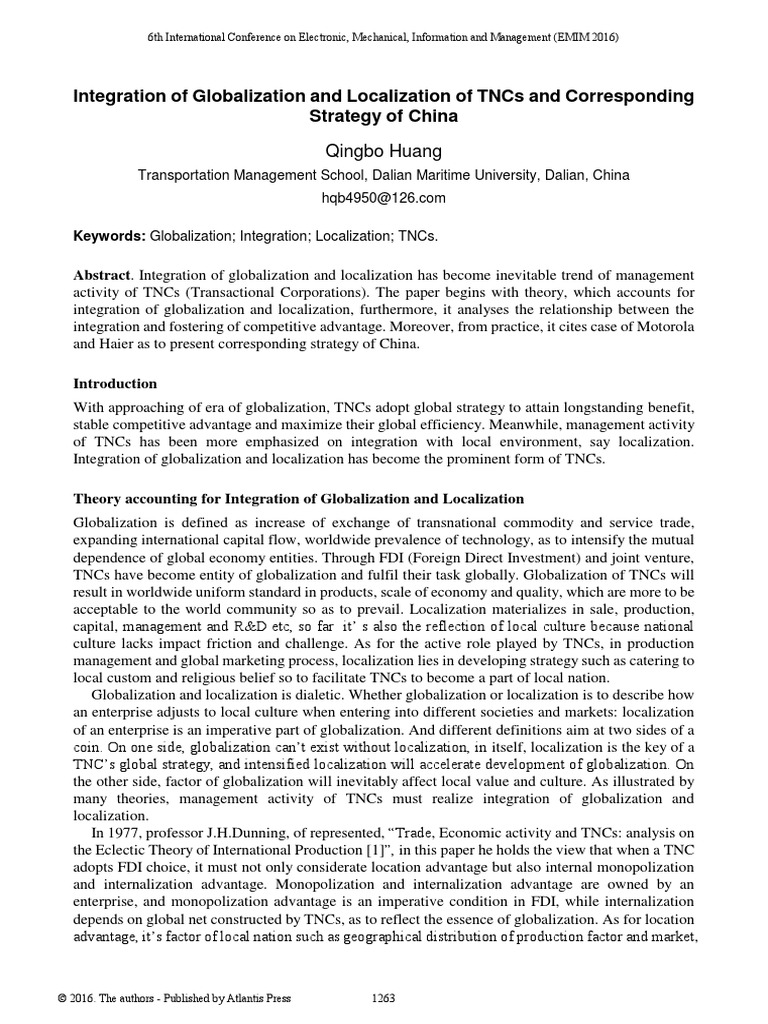 Integration of Globalization and Localization of Tncs and Corresponding