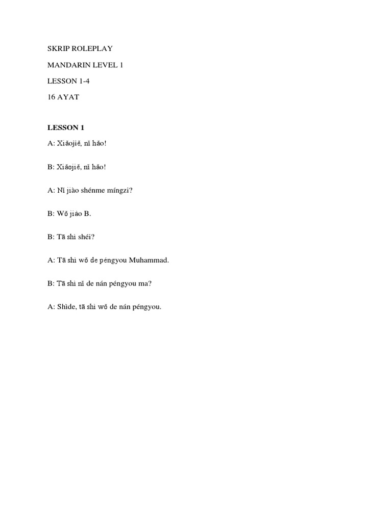 Mandarin Level 1 Roleplay Script | PDF