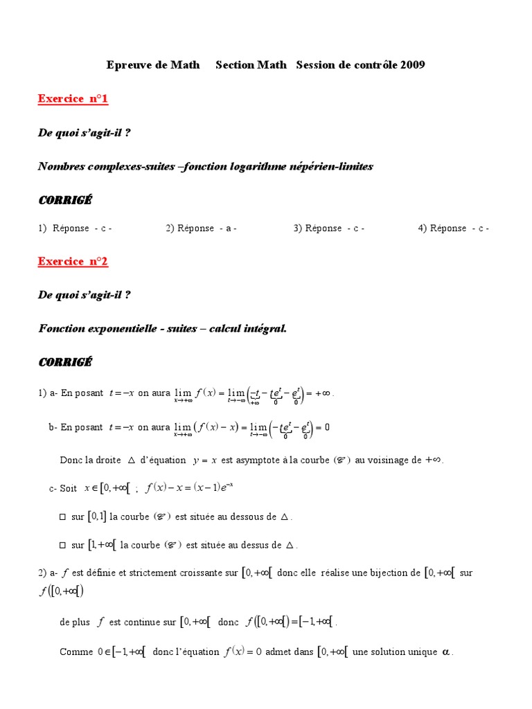 Corrigé Maths BEM 2009 | PDF | Fonction (Mathématiques) | Courbe