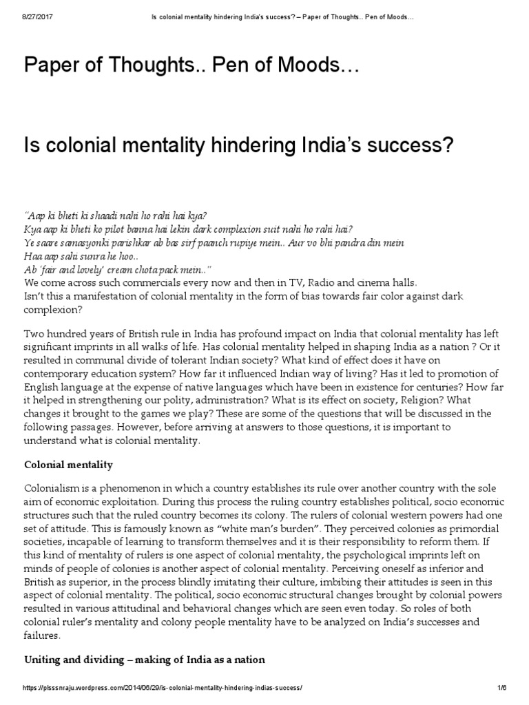 Impact of Colonial Mindset on India | PDF | Colonialism | Mindset