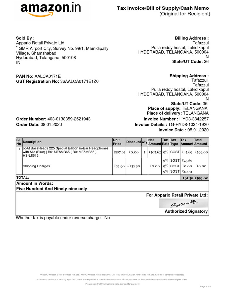 Tax Invoice for boAt BassHeads 225 Special Edition inEar Headphones