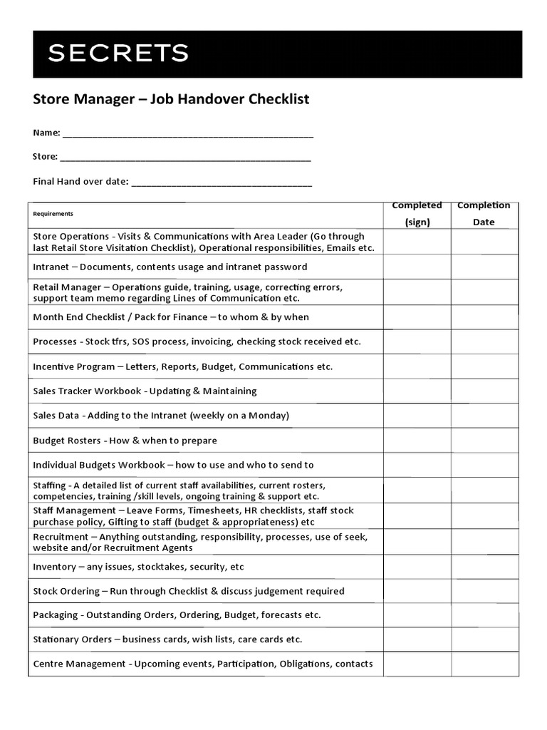 Store Manager Handover Checklist | PDF | Retail | Business