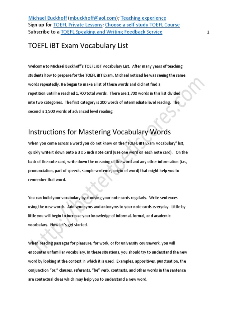 Toefl Ibt Exam Vocabulary List Of 1700 Words Pdf Vocabulary