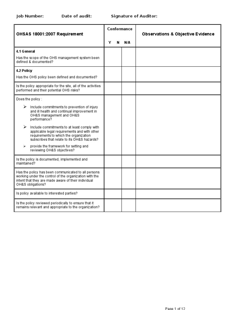 OHSAS 18001 Checklist