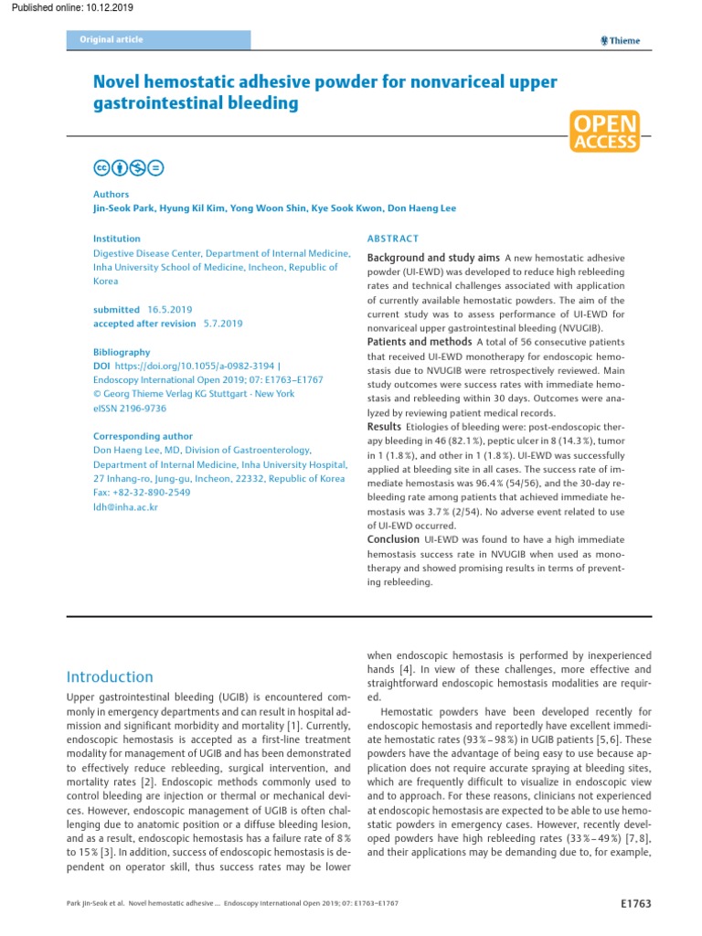 Novel Hemostatic Adhesive Powder For Nonvariceal Upper Gastrointestinal