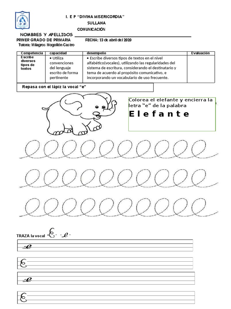 Actividades para la Vocal E en Primaria | PDF